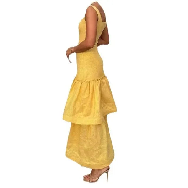 Cyflymder  Elegant Sleeveless Square Collar Dress with Lace Hem for Women Fashionable Party Long Gown Ladylike Style Cross-Border Design