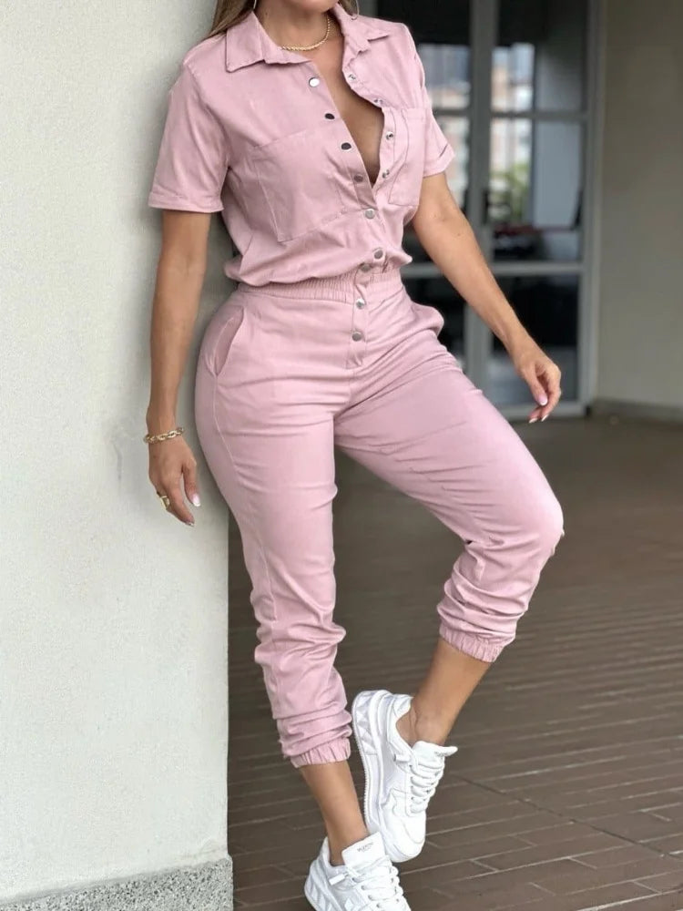 Cyflymder  Jumpsuit Women Wholesale Casual Fashionable Tight Fitting Short Sleeved Lapel Multi Pocket Elastic Button Fancy Club