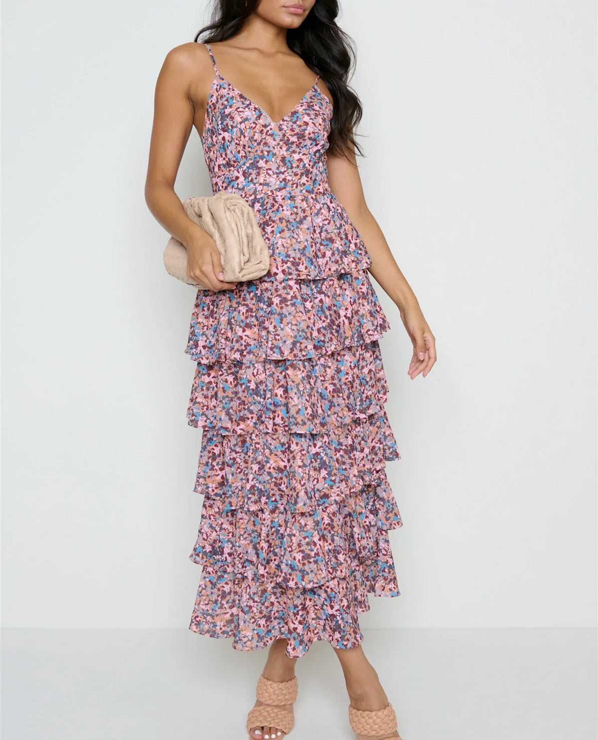 Cyflymder  Women Floral Print Long Dress V-Neck Tiered Ruffles Sleeveless Cami Dress Summer Casual Beach Party Dress