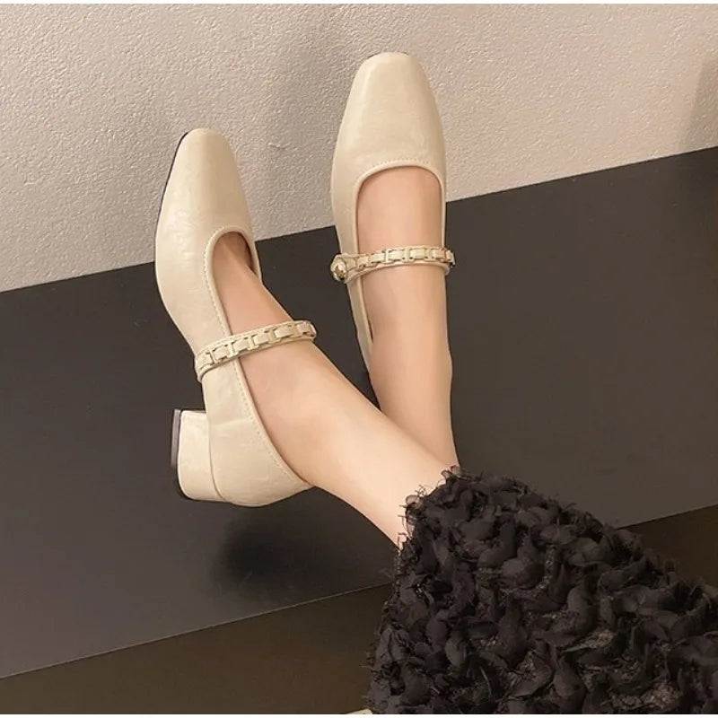 Cyflymder  Retro low-heeled single shoes for women, new summer fashion gold buckle square toe comfortable high-heeled leather shoes