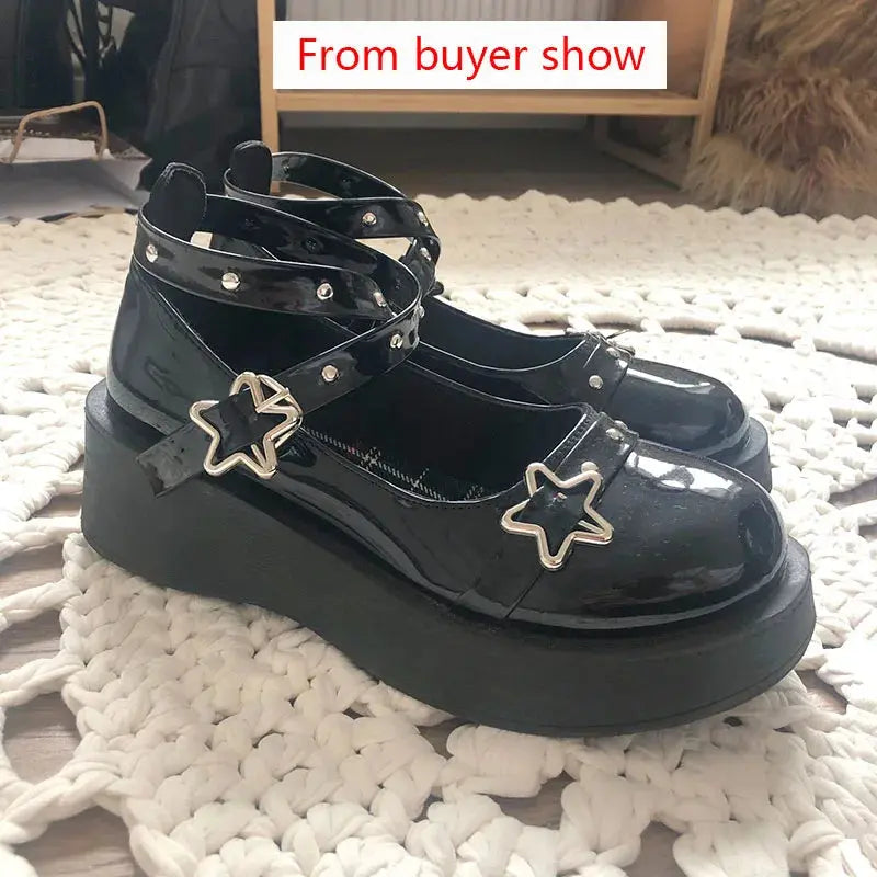 Cyflymder Shoes Lolita shoes Women heels platform mary janes Star Buckle Strap Mary Janes Women Cross-tied Girls Rivet Casual kawaii shoes