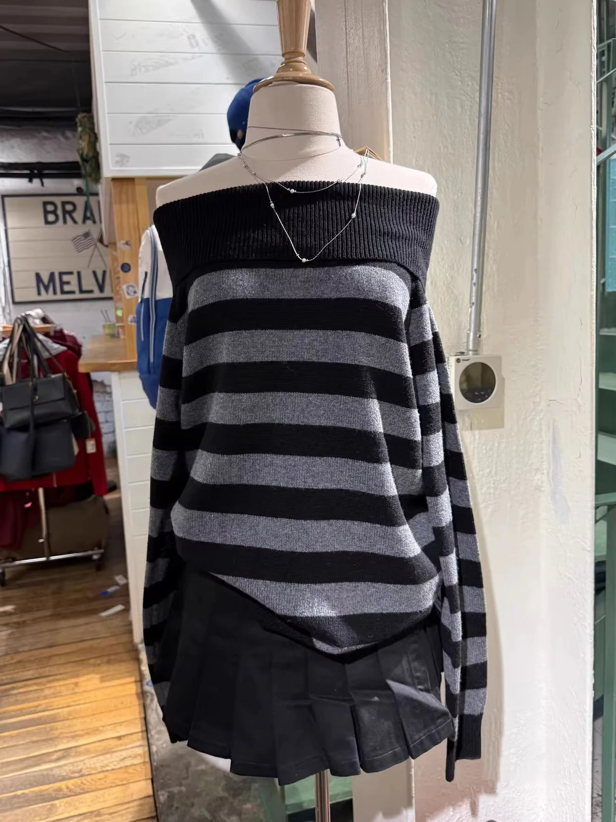 Cyflymder  Slash Neck Striped Sweaters for Woman Spring Black Grey Long Sleeve Knitted Pullover Top Casual Vintage Preppy Style Jumper