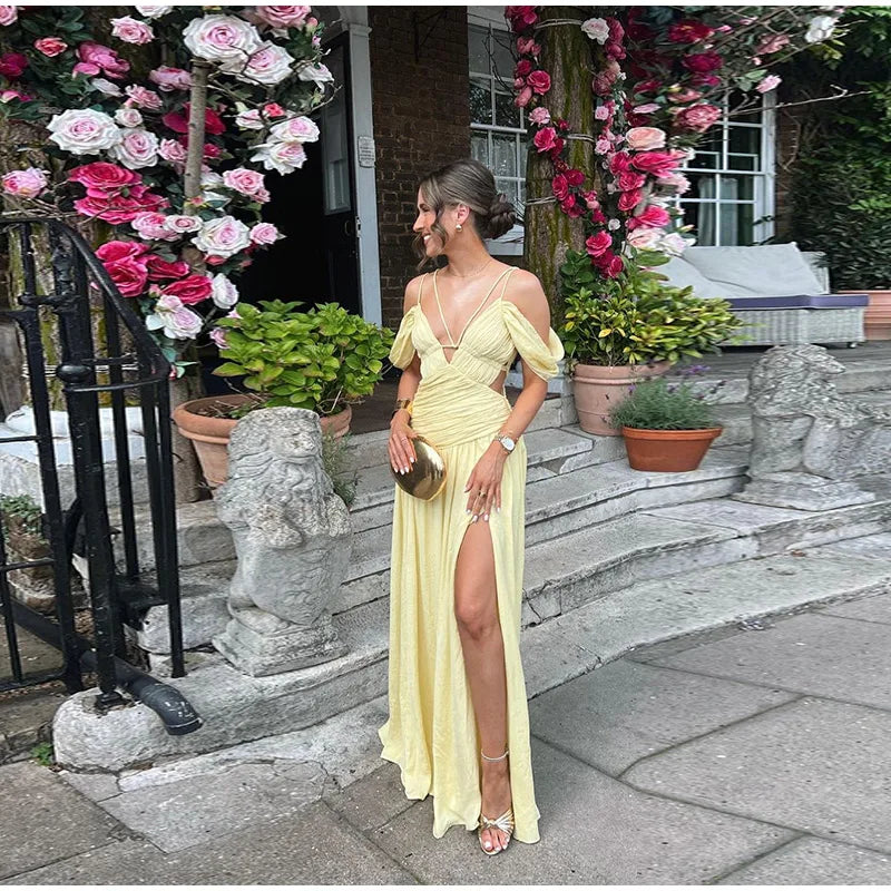 Cyflymder  Deep V-neck Backless Long Dresses For Women Off Shoulder Ruched Pleated High Split Party Dresses Summer Chic New Lady Robes