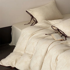 Cyflymder  Vintage Jacquard Linen Cotton Luxury Bedding Set Double Queen King Size Duvet Cover Flat/Fitted Sheet Lace-Up Pillowcases 4Pcs