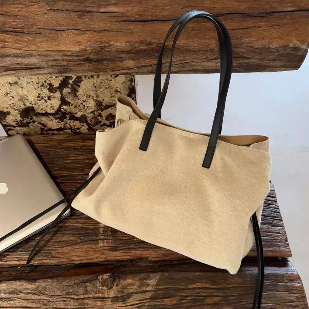 Cyflymder   Lightweight Large Capacity Multi-compartment Handbag Leisure Simple Zipper Tote Retro Suede Canvas Color-block Shoulder Bag