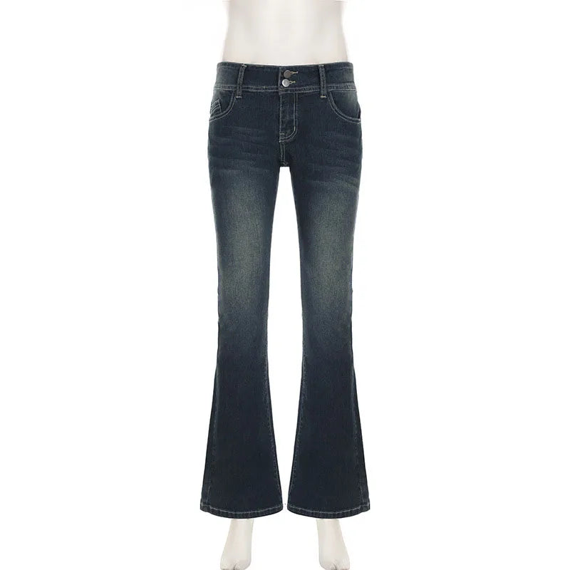 Cyflymder  American Retro Low Waisted Washed Jeans Women Streetwear Y2K Slim Fit Flared Pants Mujer Fashion Button Pockets Denim Trousers