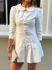 Cyflymder   Peter Pan Collar Pleated Mini Dress Women Fashion Buttons Long Sleeve A-line Dress Autumn Streetwear Sweet Casual Vestido