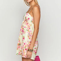 Cyflymder  Summer Fashion Hollow Out Party Short Dress Elegant Women's Pleat Garden Party Dress Flower Printed Sleeveless Halter Mini Dress