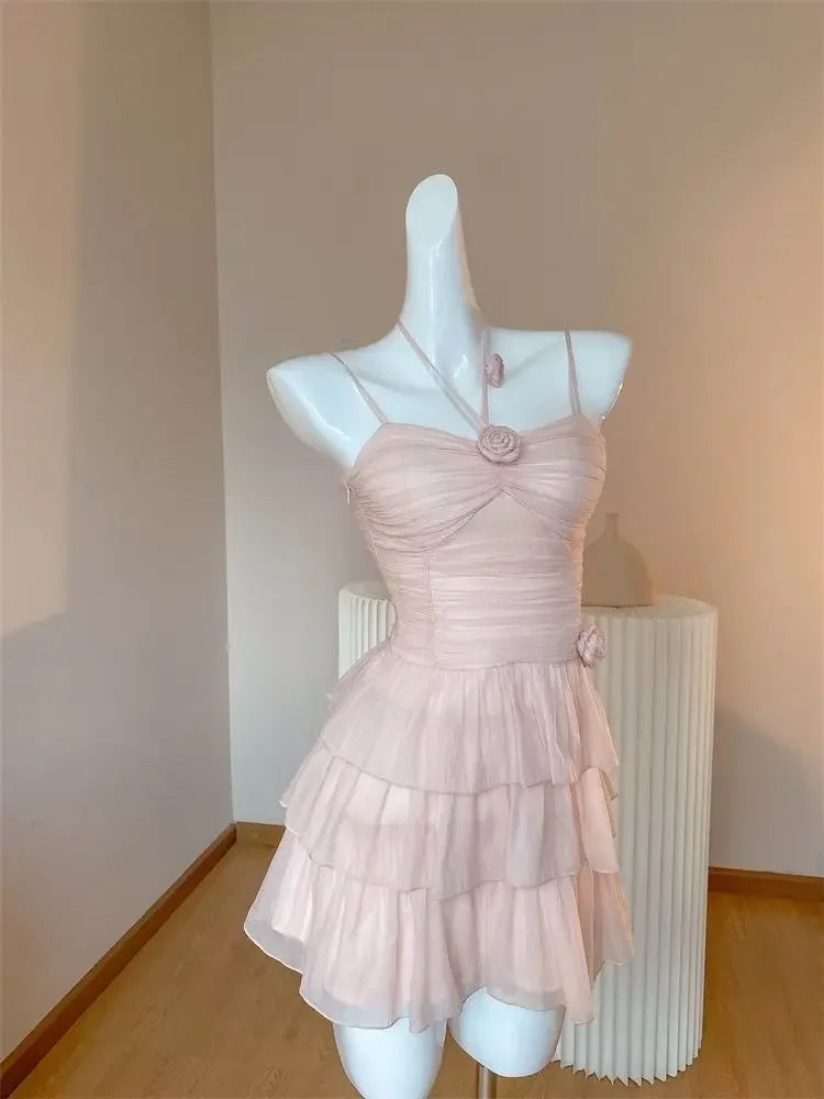 Cyflymder  Ballet Style Off-Shoulder Strap Dress Women's Summer New Waist-Cinching Slimming Heavy-Work Design Short Cake Skirt Dress