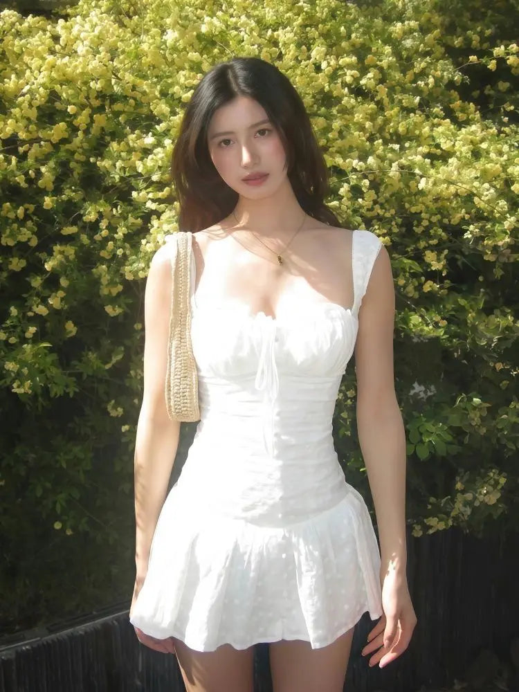 Cyflymder  Square Collar Slim Fit Dress for Women's Summer Sexy Lace-up A-line Strap Short Dress Fashion Female Clothes