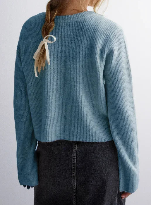 Cyflymder  Tie Front Cropped Cardigan Sweaters for Women Crew Neck Long Sleeve Knit Bow Tie Trendy Sweater Tops Winter Fall Streetwear