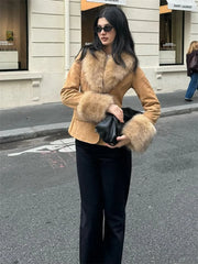 Cyflymder  Fashion Vintage Fur Feather Jackets For Women Pocket V-Neck Long Sleeve Patchwork Winter Commute Coat Female Warm Jackets