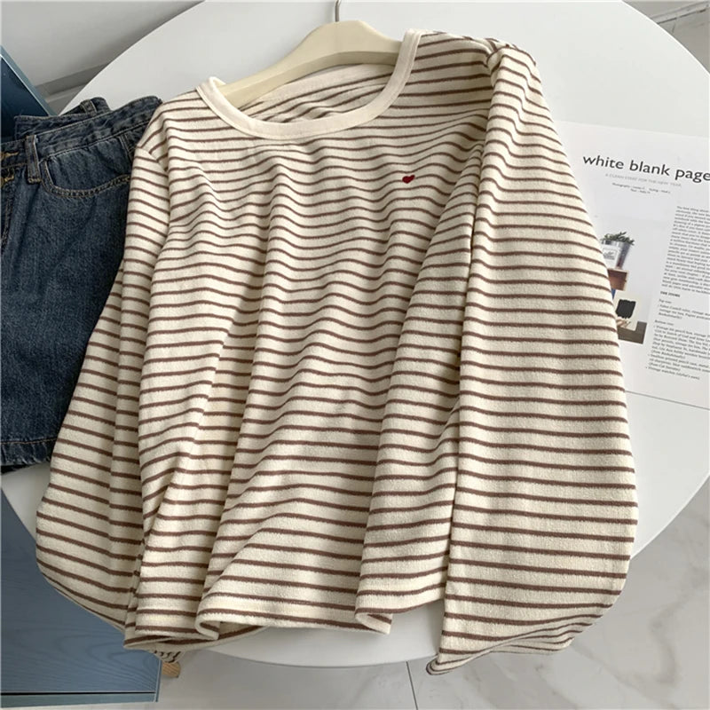 Cyflymder  Love Embroidery Striped Sweatshirt Women Casual O Neck Cute Pullovers Korean Fashion Loose Long Sleeve Sweet Elegant Tops