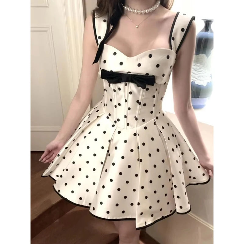 Cyflymder  Elegant Polka Dots Mini Dress Women Party Bow Straps Pleated Dresses Summer Fashion Korean Fairy Cute Bodycon A Line Vestidos