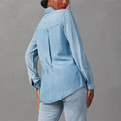 Cyflymder  Women Double Pockets Splice Decoration Denim Shirt New Single-breasted Cardigan Lapel Blouse Autumn Casual Commuter Female Tops