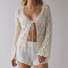 Cyflymder  Women Vintage Front Tie Cardigan Crochet Hollow Out Knitted Sweaters Fall Long Sleeve Bolero Shrug Y2K Knitted Tops