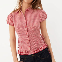 Cyflymder  Cute Y2k Red Plaid T-shirt Blouse Woman Side Tie up Lapel Collar Short Cap Sleeve Slim Shirts Sweet Preppy Style Crop Tops