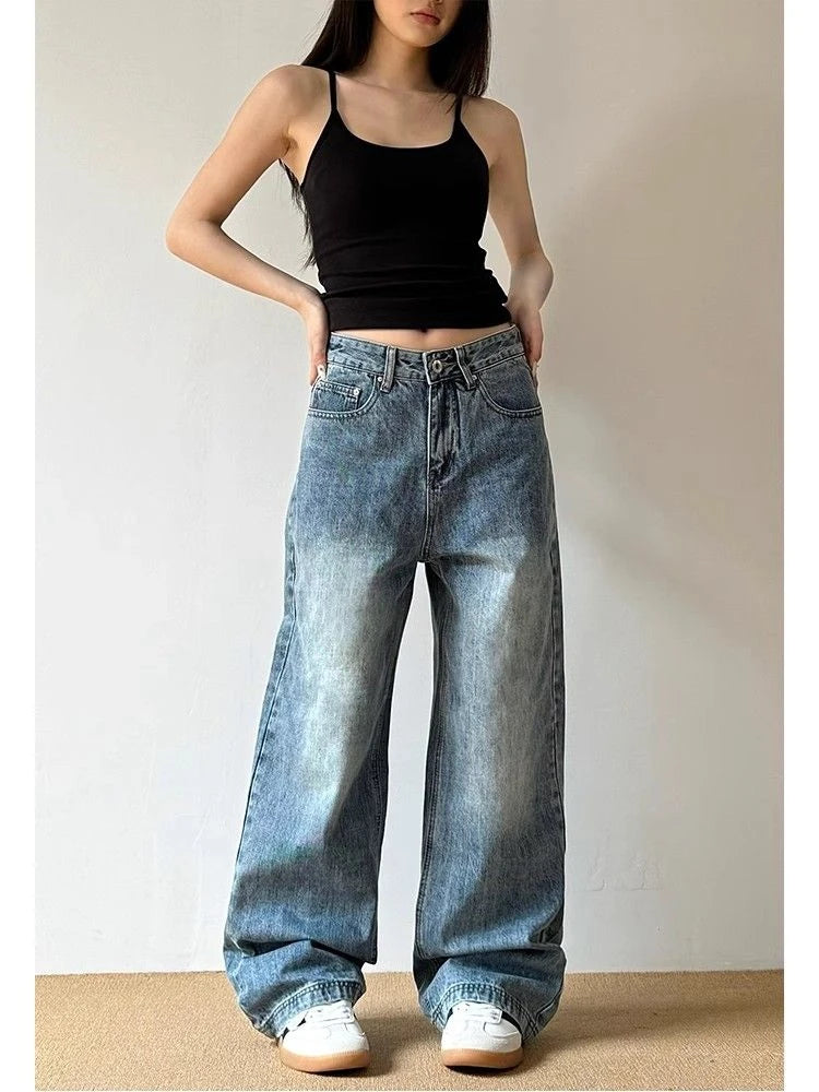 Cyflymder  Summer Women's Large Size Blue High Waist Wide Legs Thin Jeans Vintage Trousers Cool Girl Casual Bottoms Female Solid Color Pant