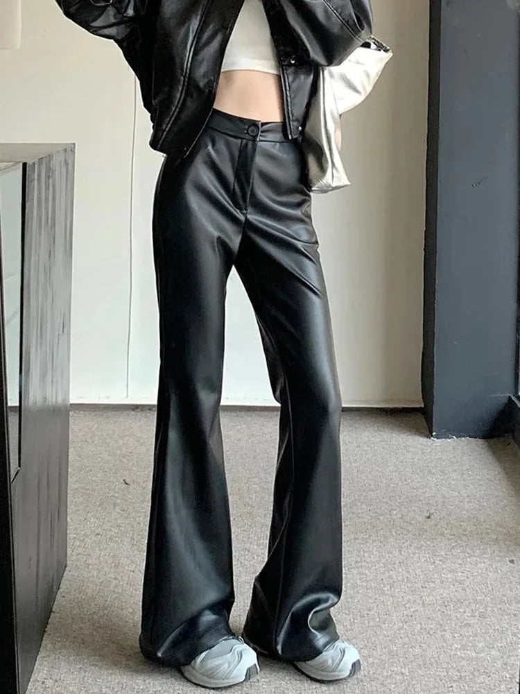 Cyflymder  Streetwear Moto Pu Flare Pants Women High Waist Slim Vintage Trousers Harajuku Casual American Retro Female Autumn Pants