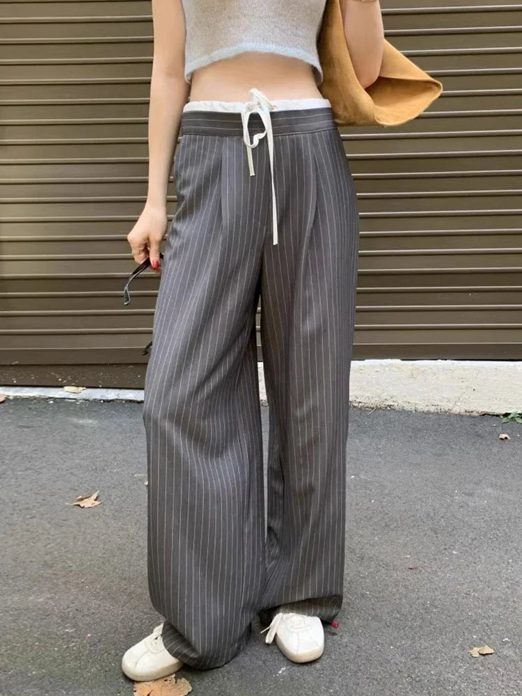 Cyflymder  Korean chic spring retro niche splicing high waist lace up versatile slim striped casual pants wide leg pants long 2025 New