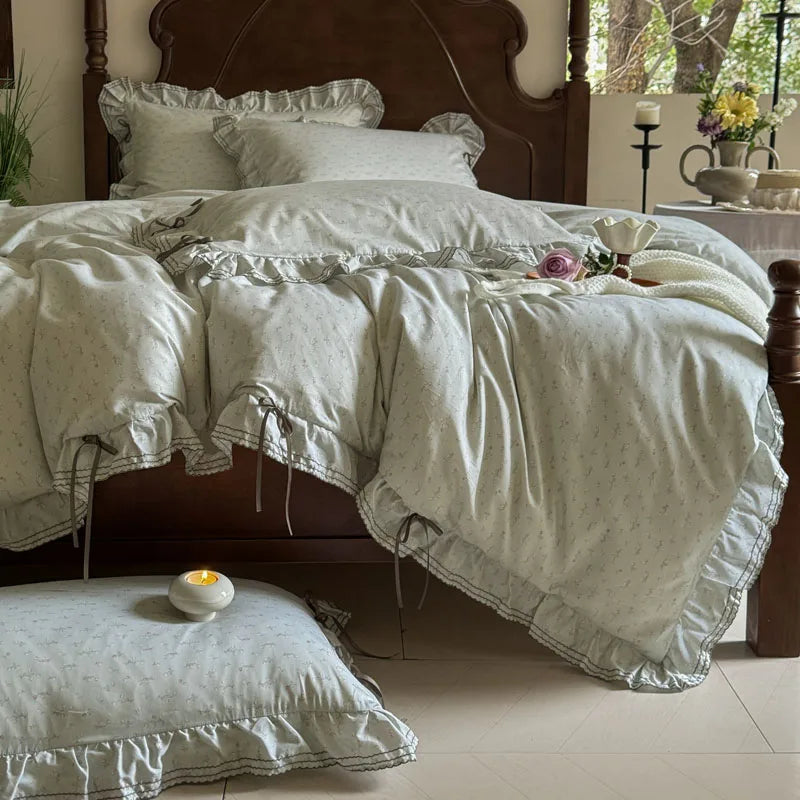 Cyflymder  100% Cotton Pastoral Floral Print Ruffles Bow Princess Bedding Set Queen King Duvet Cover Set Bed Sheet/Fitted Sheet Pillowcases