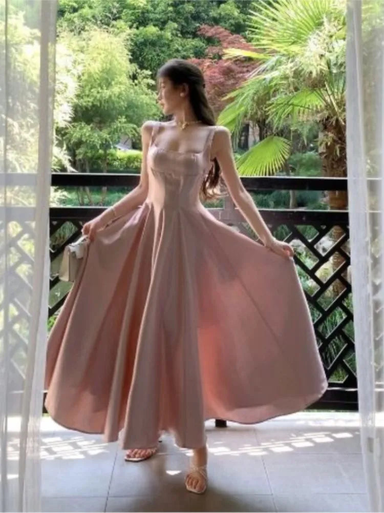 Cyflymder  Elegant Satin Midi Dresses for Women Sleeveless High Waist Evening Party Dress A-line Prom Robe Korean Fashion Summer Vestidos