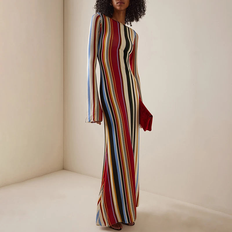 Cyflymder  Long Sleeve Women's Casual Long Dress Elegant Hight Waist Slim Fit Party Dresses Fashion Crew Neck Striped Printed Holiday Dress
