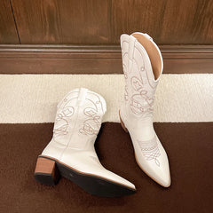 Cyflymder  Autumn Winter Vintage Women Western Cowboy Boots Fashion Slip On Thick Heel Shoes Embroidery Knight Mid Calf Botas