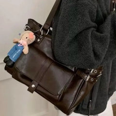 Cyflymder  Korean Vintage Brown Tote Bag Women Leather Large Capacity Shoulder Bag Ladies Preppy Style Commute Daily Crossbody Bag Chic New