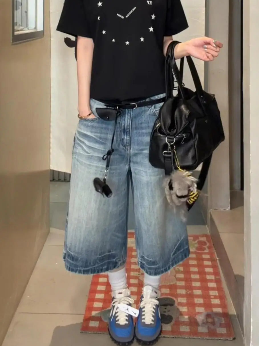 Cyflymder  American Vibe Retro Plus Size High Waist Denim Capri Pants Women Distressed Frayed Wide Leg Capri Pants Streetwear Daily Outfit
