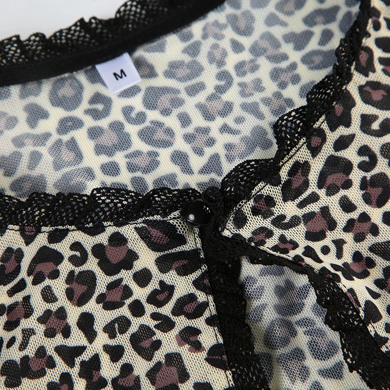 Cyflymder  See Through Leopard Printed Mesh T Shirt Cardigans Sexy Slim Lace Trim O-Neck Long Sleeve Split Tees Women 2025 Summer