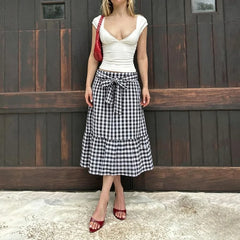 Cyflymder  Spring Summer Literary Loose A-line Skirts Y2k Fashion Constrast Color Plaid Bow Design Mie-length Jupe Harajuku Preppy Skirt