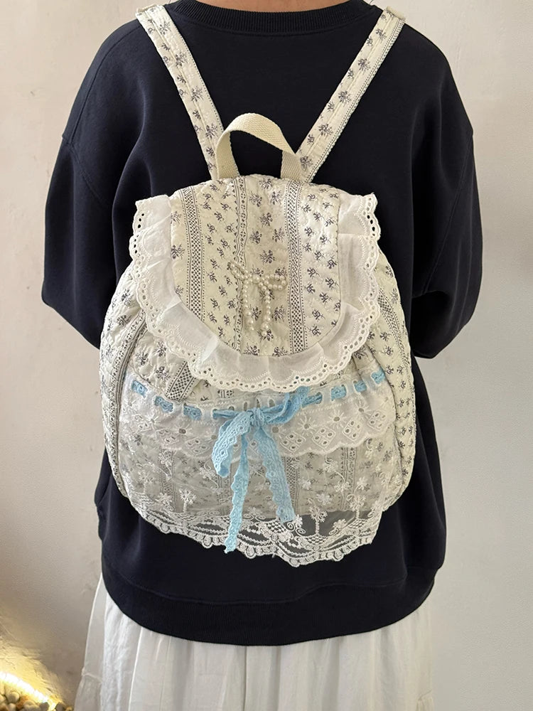 Cyflymder  Korean Lace Patchwork Sweet Bow Backpack Women Students Chic Flower Print Bow Schoolbags Y2k Aesthetic Girls All Match Backpacks