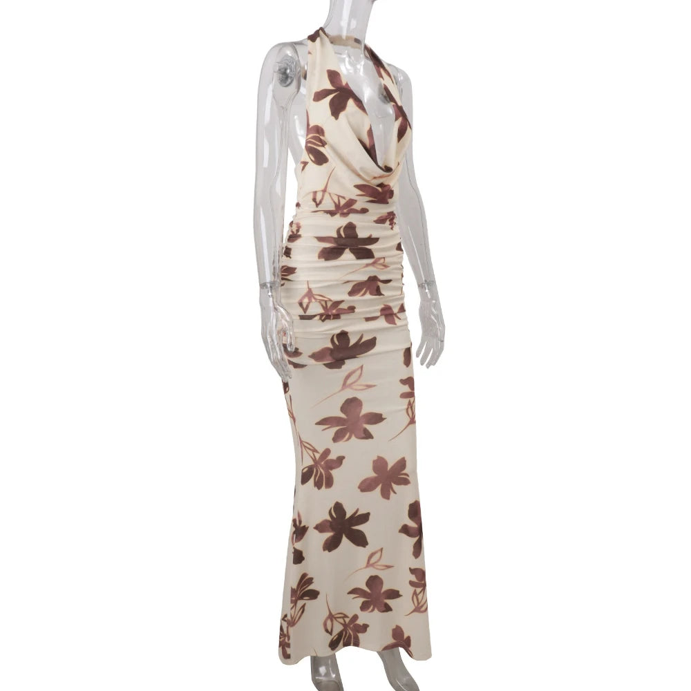 Cyflymder  Sexy Vacation Style Print Dresses for Women Swing Collar Sleeveless High Waist Slim Bodycon Long Dress Female New