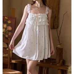Cyflymder  Small Floral Suspender Nightdress Sweet Cake Dress Cotton Silk Pajamas Bow Loungewear Pure Desire Girl Thin