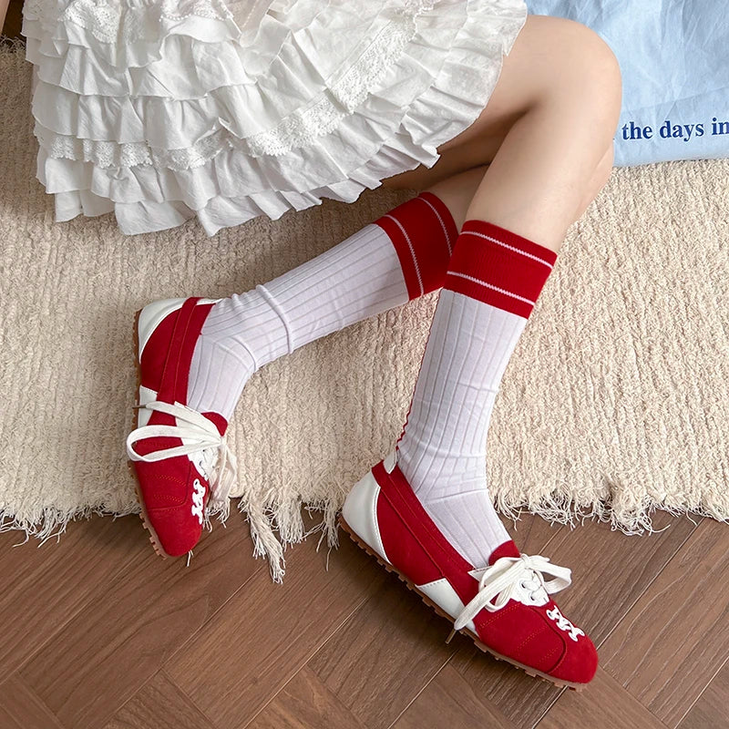Cyflymder  Korean Style Women's Ballet Slippers 2025 Autumn New Design Sensibility Flat Bottom Tied Shoes Adult Color Block Style