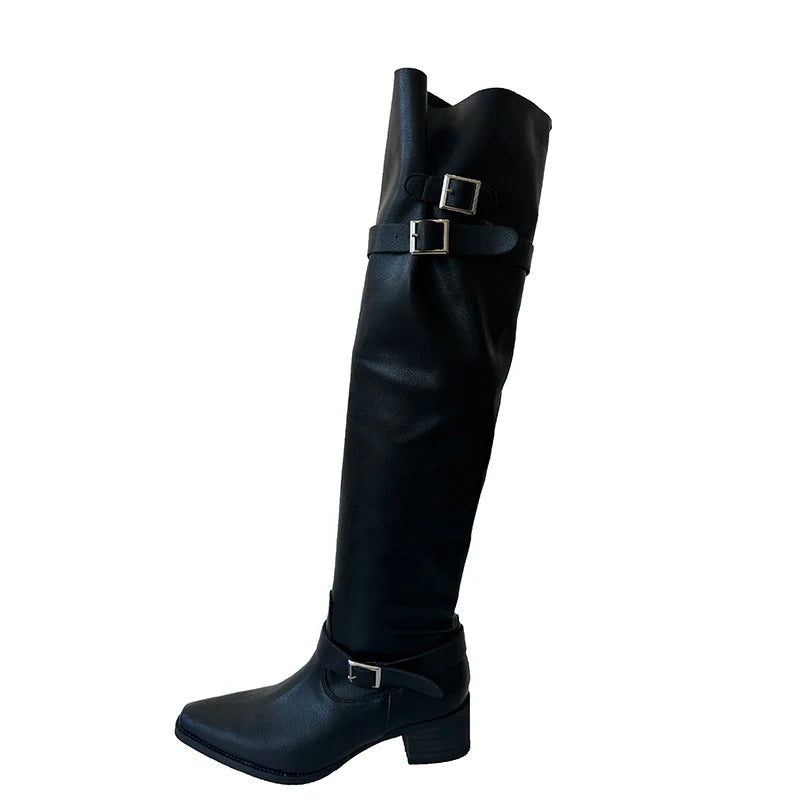 Cyflymder  Autumn Winter Pleated Women Knee High Boots Vintage Square Low Heels Shoes Female Belt Buckle Long Booties