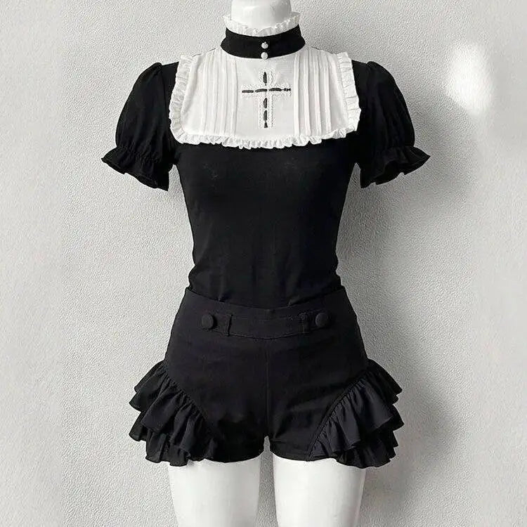 Cyflymder  Gothic Vintage Two Piece Suit Women Japanese Lolita Slim Tops High Waist Black Shorts Y2K Girls Party Set chic