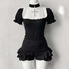Cyflymder  Gothic Vintage Two Piece Suit Women Japanese Lolita Slim Tops High Waist Black Shorts Y2K Girls Party Set chic