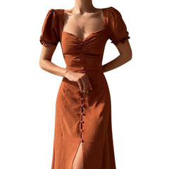 Cyflymder  Women Elegant Bodycon A-Line Long Dress Button Down Square Neck Short Sleeve Sexy Dresses Pleated Front Split Party Dress