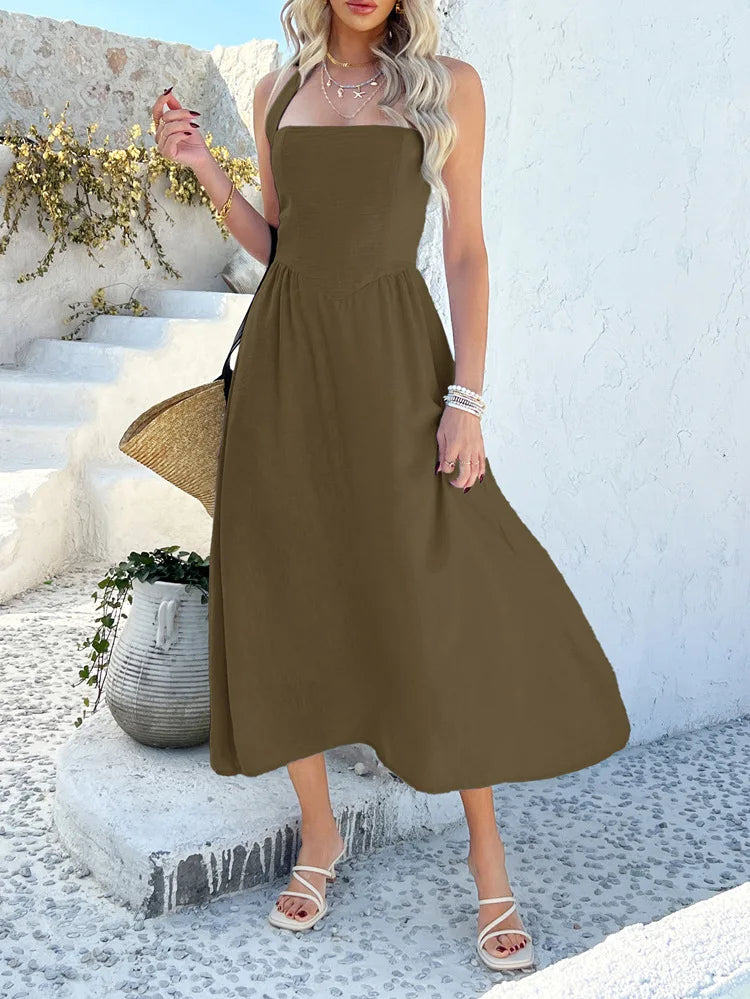 Cyflymder  Slimming Halter Backless Sleeveless Dress for Women Solid Color High Waist Casual Summer Vacation Beach Sundress