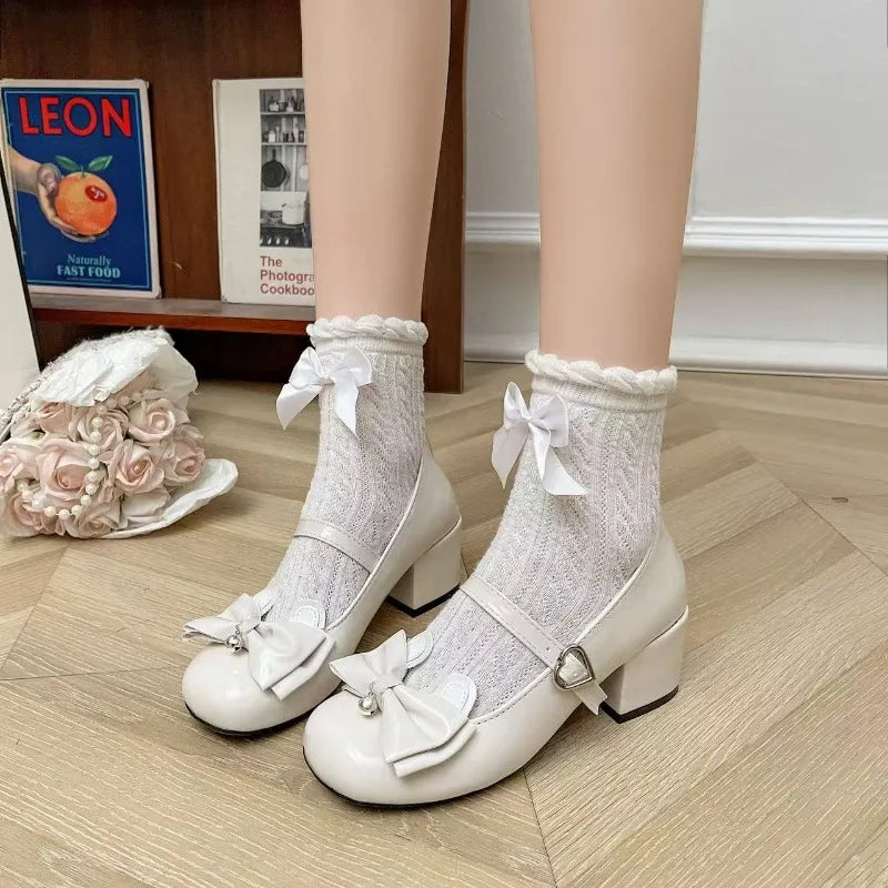 Cyflymder  Women's Cute Lolita Cosplay Shoes Bow Mid Chunky Heel Platform  Jane Pumps Buckle Strap Princess Uniform Wear Pink White