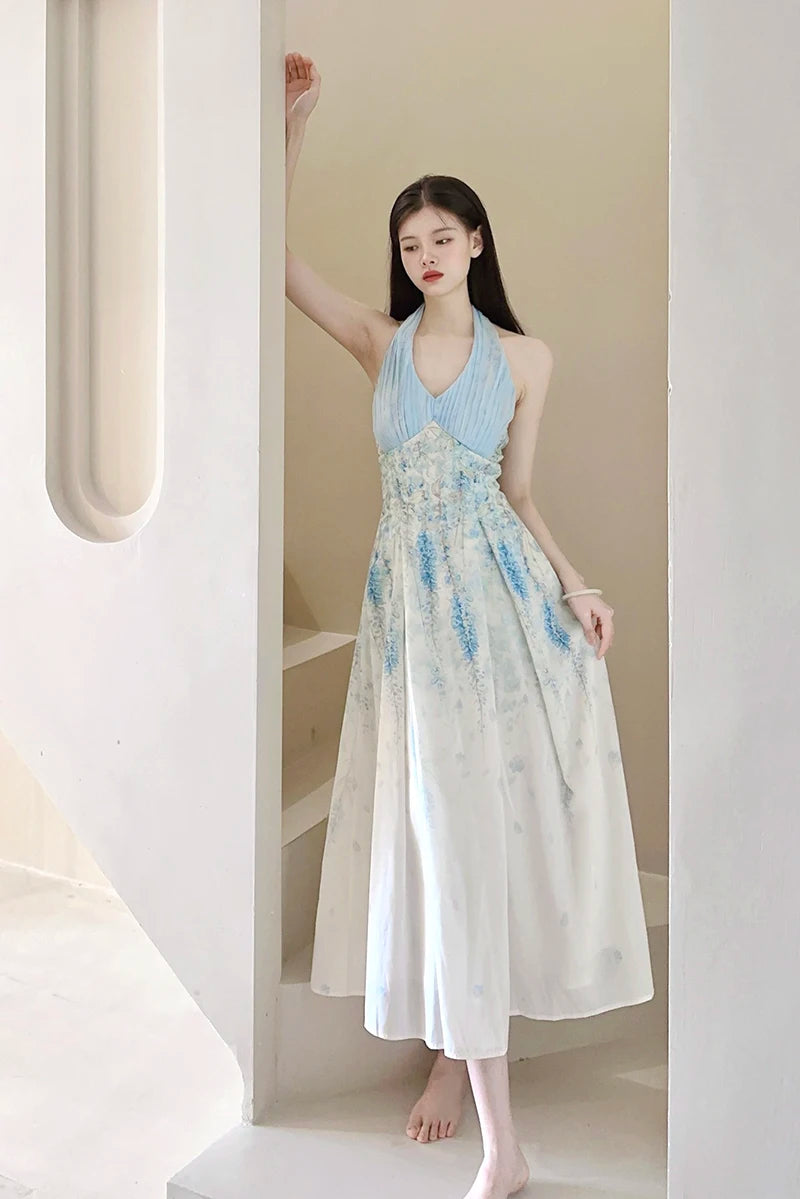 Cyflymder  Floral Sexy Halter Beach Dress Women Elegant Slim Sweet Sleeveless Vintage Long Dress Casual Retro Mesh Patchwork Vestidos