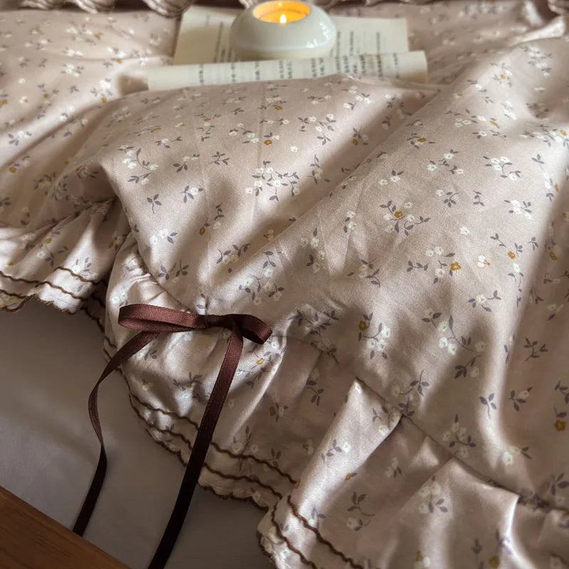 Cyflymder  100% Cotton Pastoral Floral Print Ruffles Bow Princess Bedding Set Queen King Duvet Cover Set Bed Sheet/Fitted Sheet Pillowcases
