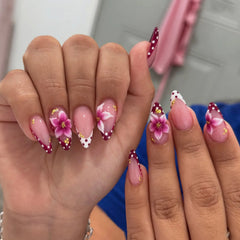 Cyflymder  24Pcs Short Almond Press on Nails Set French Flower Pattern Stick on False Nail Tips Wearable Wine Red Polka Dot Manicure Autumn