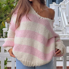 Cyflymder  Women Striped Chunky Knitted Sweater Drop Shoulder Long Sleeve V-Neck Oversized Sweater Pullover Vintage Loose Knit Jumper Tops