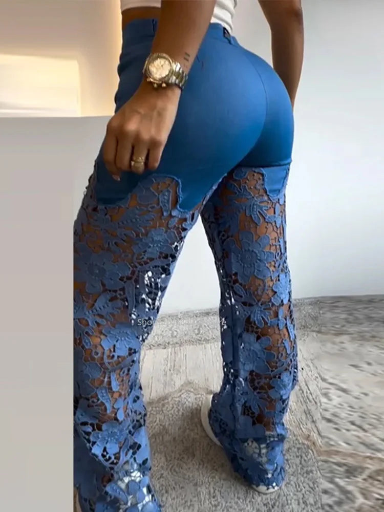 Cyflymder  Retro Lace Patchwork Women Blue Denim Pants High Waist Wide Leg Baggy Jeans Chic Y2k Fashion Casual Elegant High Street Trousers
