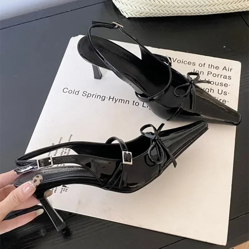 Cyflymder  Blue Patent Leather  Women Sexy Pointy Toe Bow Decorated Heeled Sandals Summer Elegant Slingbacks Dress  Pumps