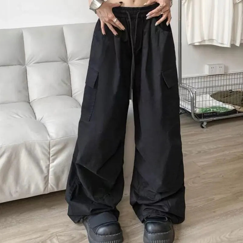 Cyflymder  American Fashion Folds Pockets Pants Spring Summer Solid Color Women's Clothing Loose Elastic Drawstring Wide Leg Cargo Trousers