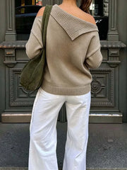 Cyflymder  Women's I-neck hollow off-the-shoulder long-sleeved wool pullover is versatile and casual, suitable for daily travel.